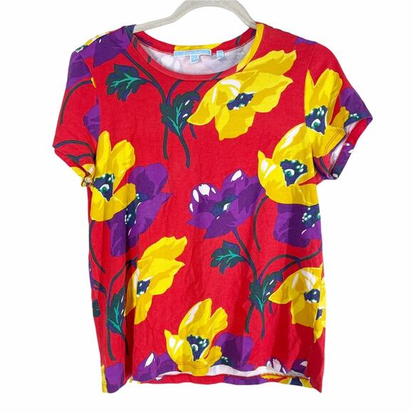 Draper James Women's Red Floral T-Shirt Sz Small Bold Bright Preppy - Picture 1 of 3